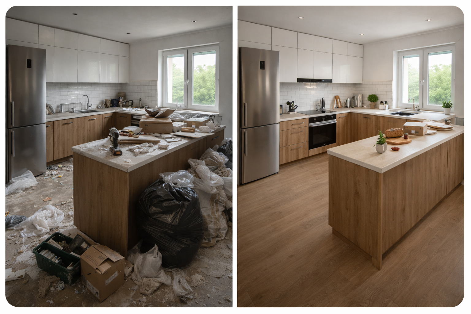 Porównanie kuchni przed i po sprzątaniu