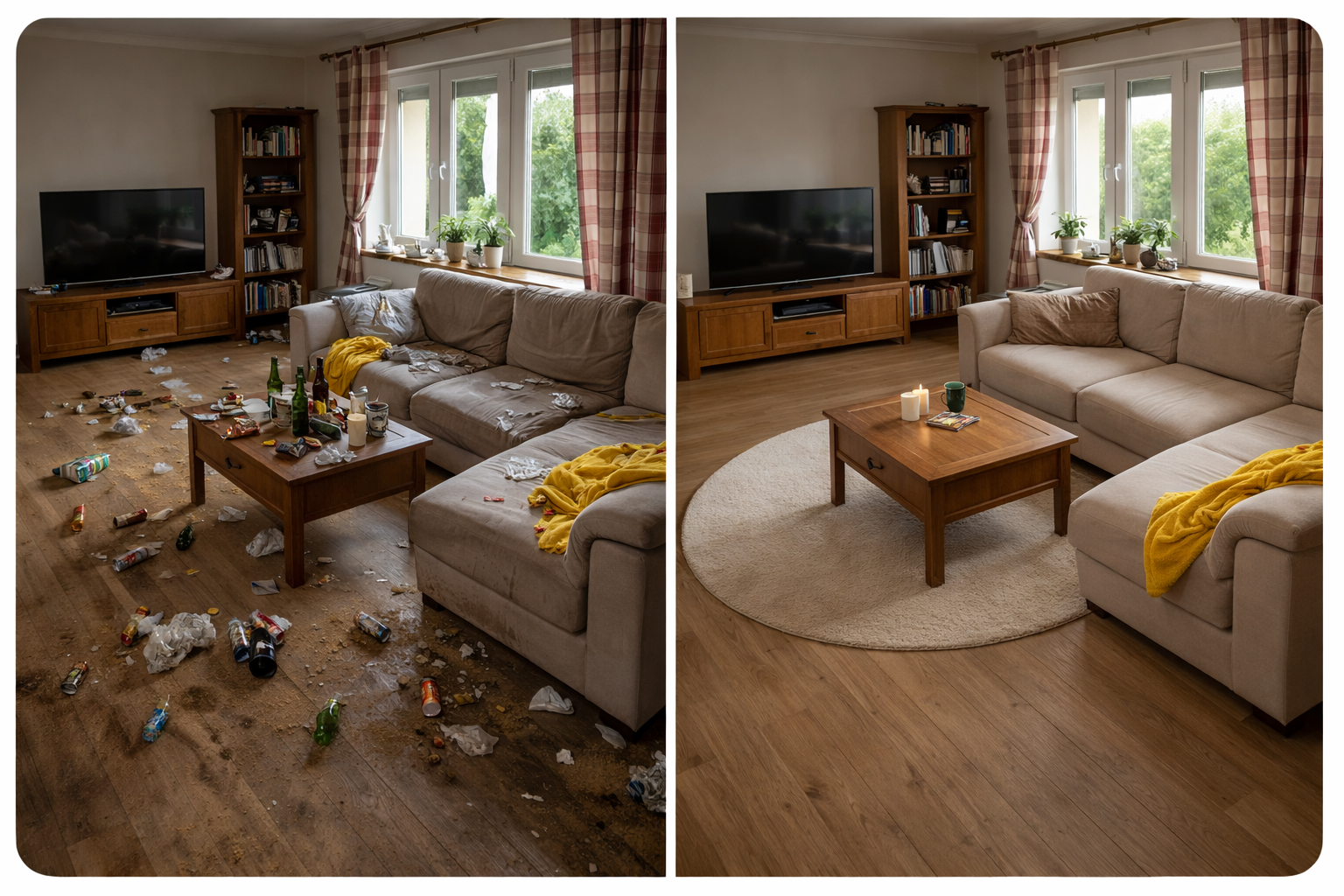 Porównanie salonu przed i po sprzątaniu