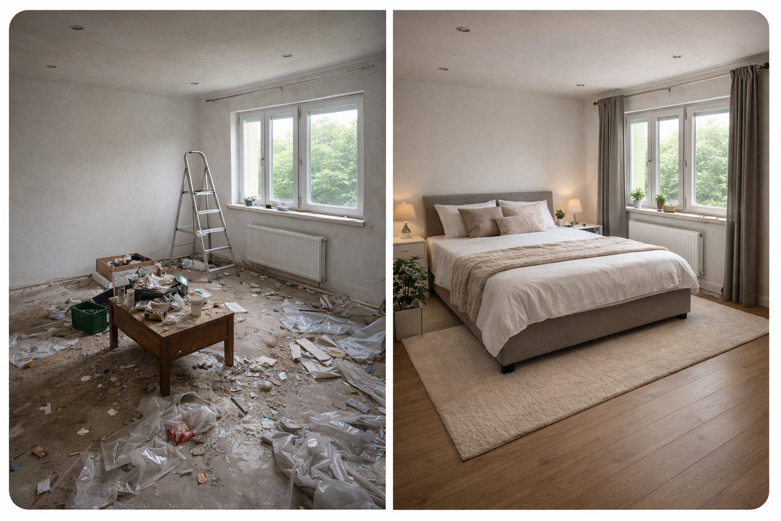 Porównanie sypialni przed i po sprzątaniu